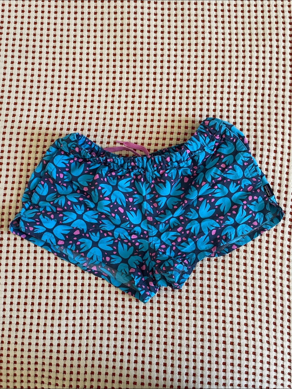 Patagonia Blue Floral Athletic Shorts with Pink Accents